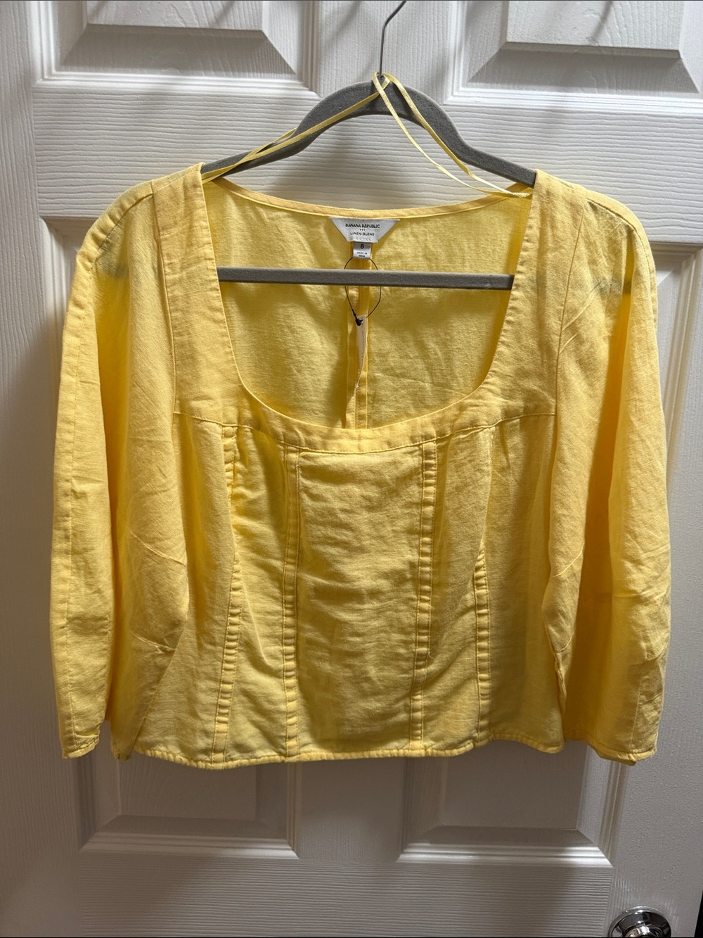 Banana Republic Yellow Linen Square-Neck 3/4 Sleeve Top